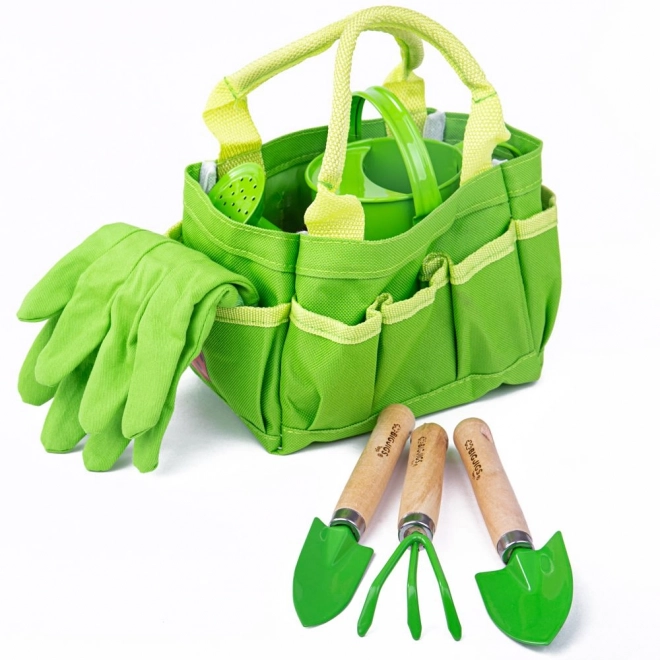 Bigjigs Toys Ensemble d'outils de jardinage dans un sac en toile vert
