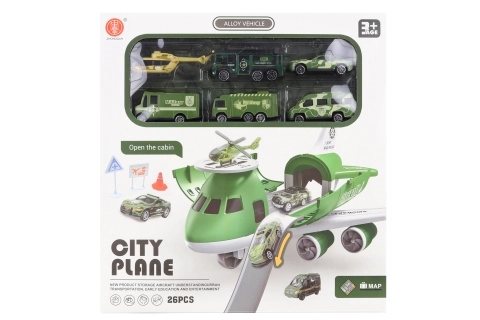 Avion avec garage pliable et petites voitures militaires