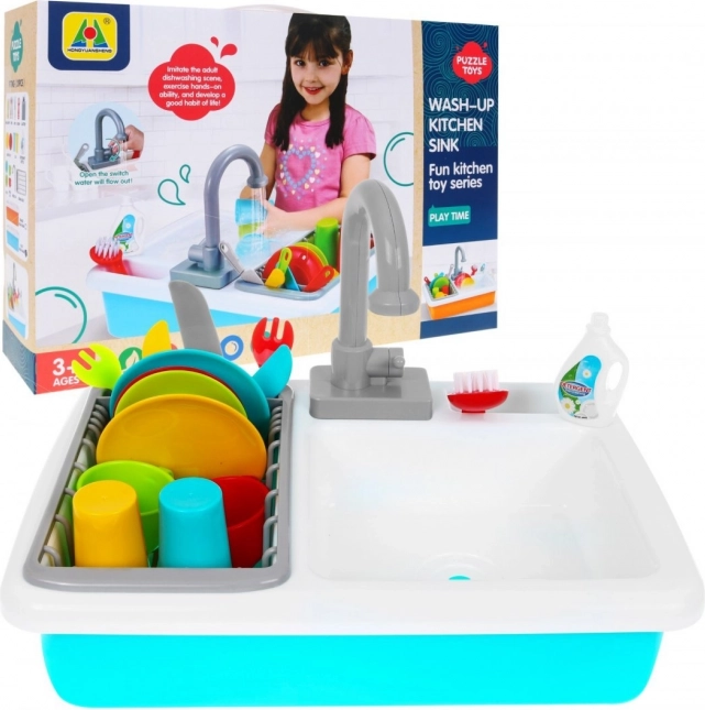 Évier pour enfants avec robinet d’eau et sèche-vaisselle, avec set de vaisselle