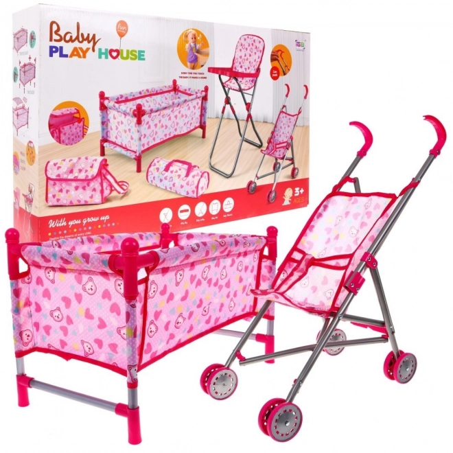 Ensemble d'accessoires pour poupées 3+ Soin de l'enfant + Landau + Chaise de nourrissage + Lit bébé + 2 sacs