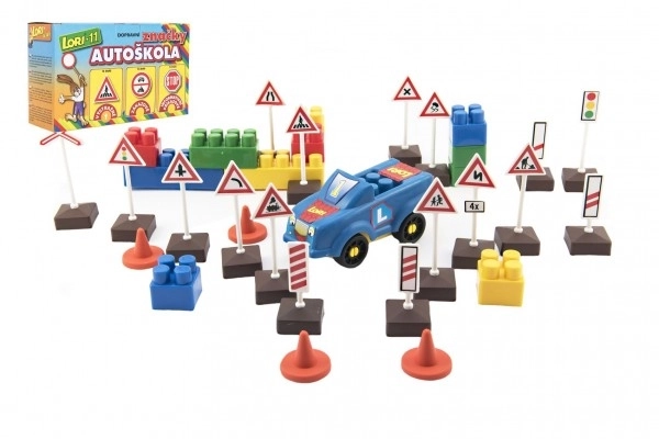 Jeu de construction LORI 11 Auto-école Panneaux de signalisation 16 pcs+2 cônes+voiture en plastique dans une boîte 22x13x6cm