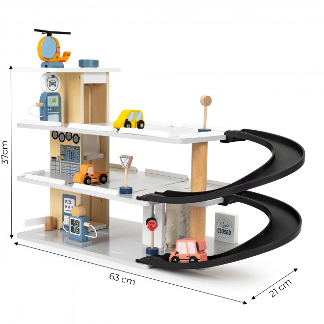 Garage en bois avec ascenseur et petites voitures ECOTOYS
