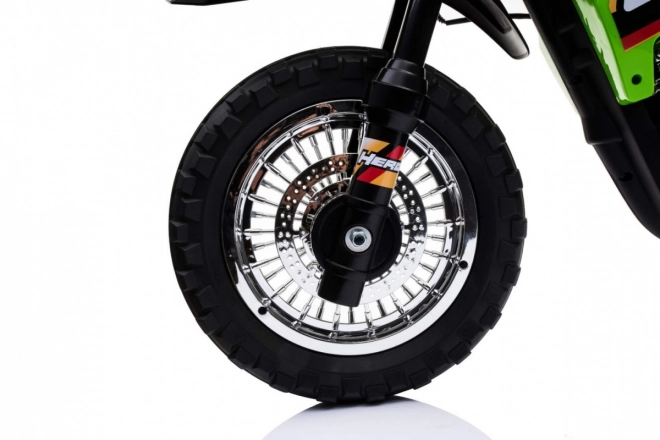Moto cross électrique pour enfants à batterie – verte, avec roulettes stabilisatrices et feux LED
