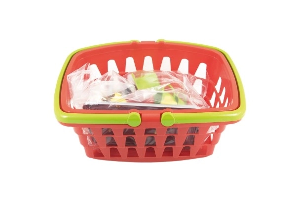 Panier d'achat en plastique + ensemble de vaisselle avec cuisinière en sachet