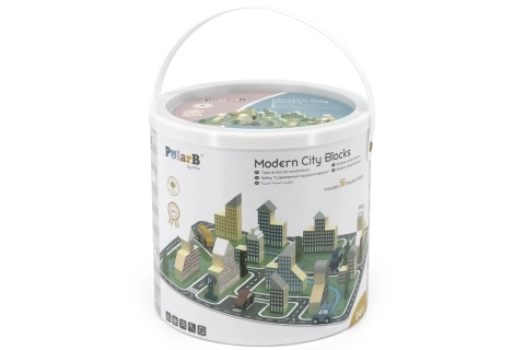 Jeu de construction en bois PolarB – ville moderne, 56 blocs