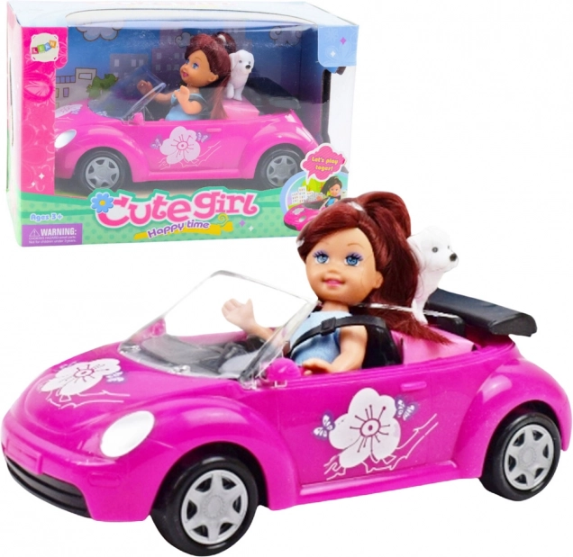 Mini poupée avec cabriolet rose et petit chien