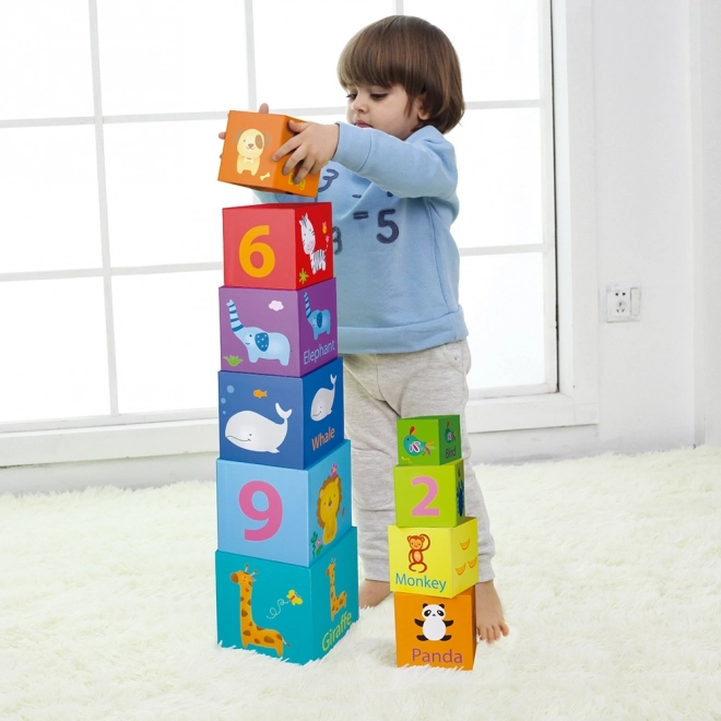 Pyramide en blocs carrés avec animaux et chiffres - 10 cubes