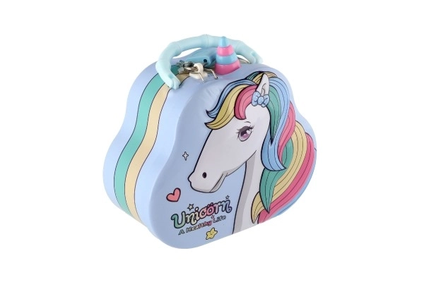 Tirelire sac à main licorne en métal avec serrure 15x14cm 3 couleurs dans une boîte en plastique
