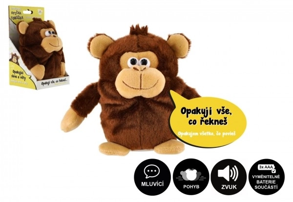 Singe Toniczka répétant des phrases peluche 18 cm sur piles avec son, dans une boîte 12x20x10cm en sachet