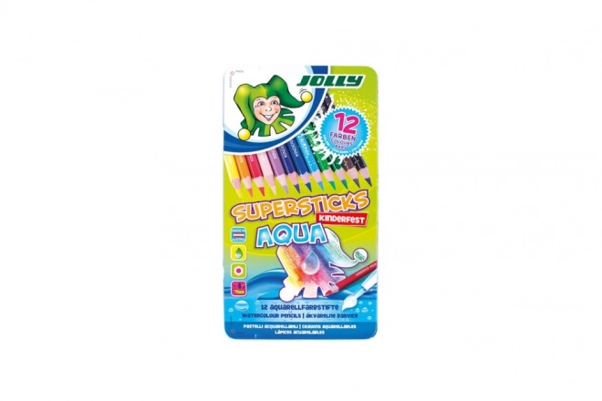 Crayons de couleur Supersticks Aqua 12 couleurs dans une boîte en métal