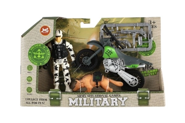 Ensemble militaire en plastique avec moto, soldat, chien et accessoires dans une boîte 23x14x4cm
