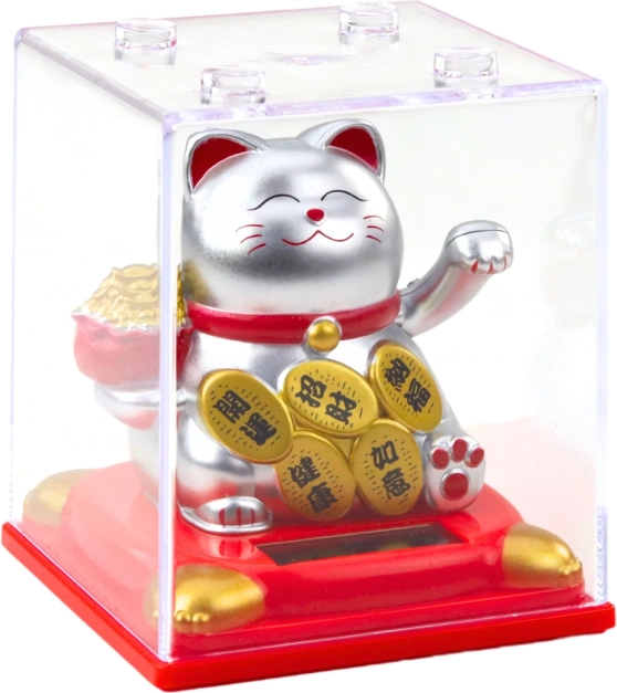 Statuette argentée de chat porte-bonheur chinois avec mécanisme solaire