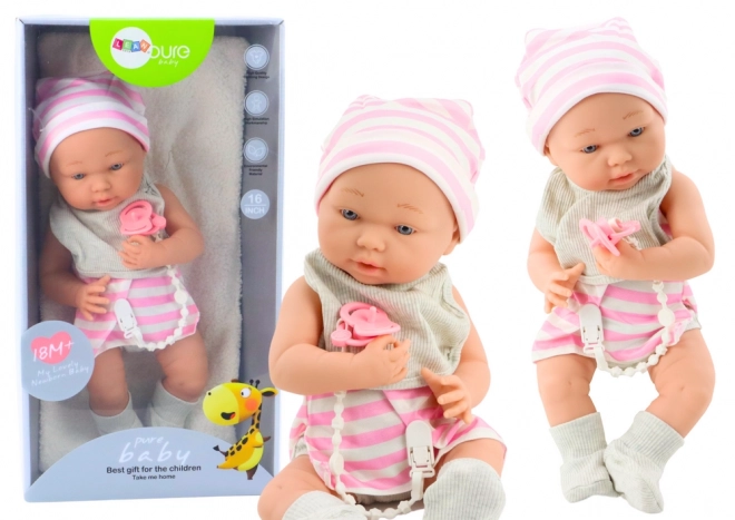 Poupon en Tissu en Tenue Blanc-Rose avec Bonnet et Sucette