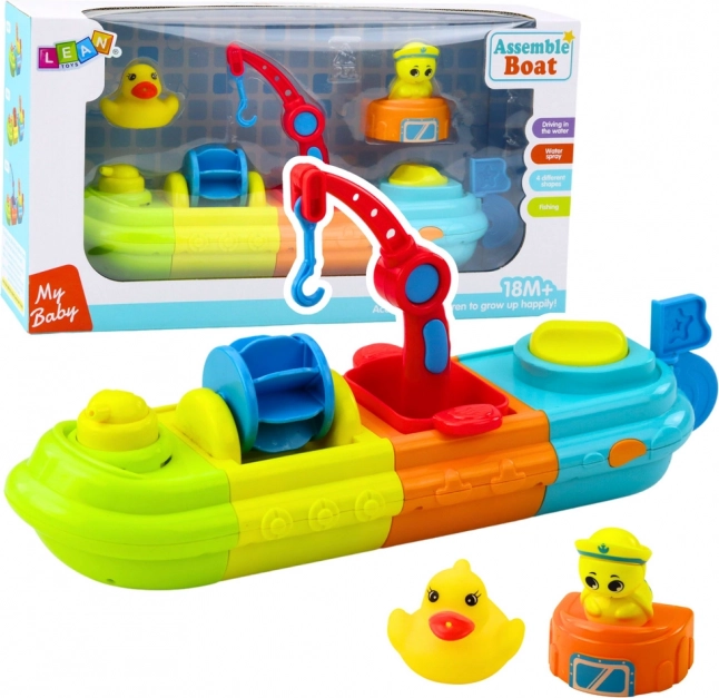 Jouet de bain Bateau avec des éléments colorés, Grue, Crochet, Canard et Tortue