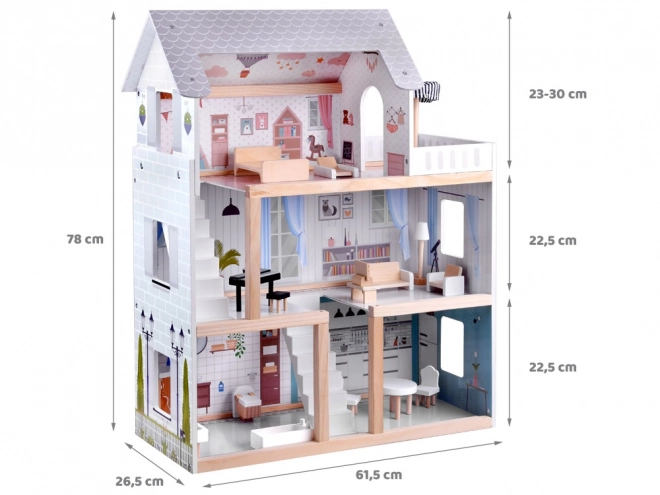 Maison de poupée en bois avec lumières LED style boho 78cm