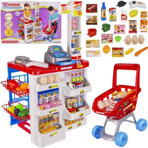 Supermarché avec caisse, panier et accessoires