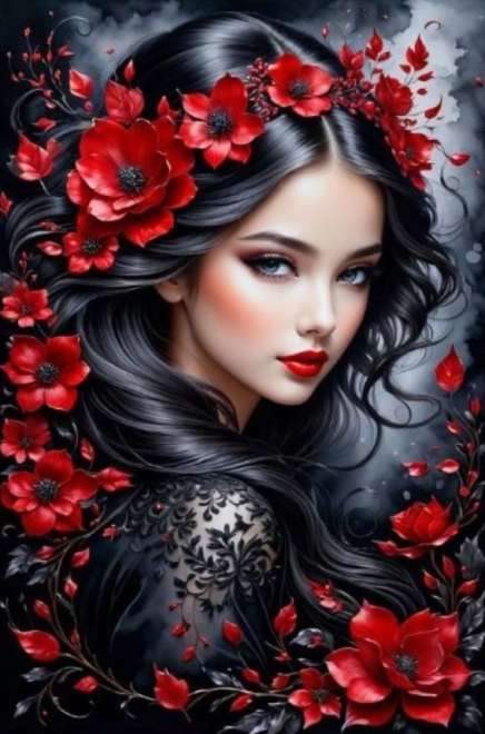 Peinture diamant brune aux fleurs rouges 30x40cm