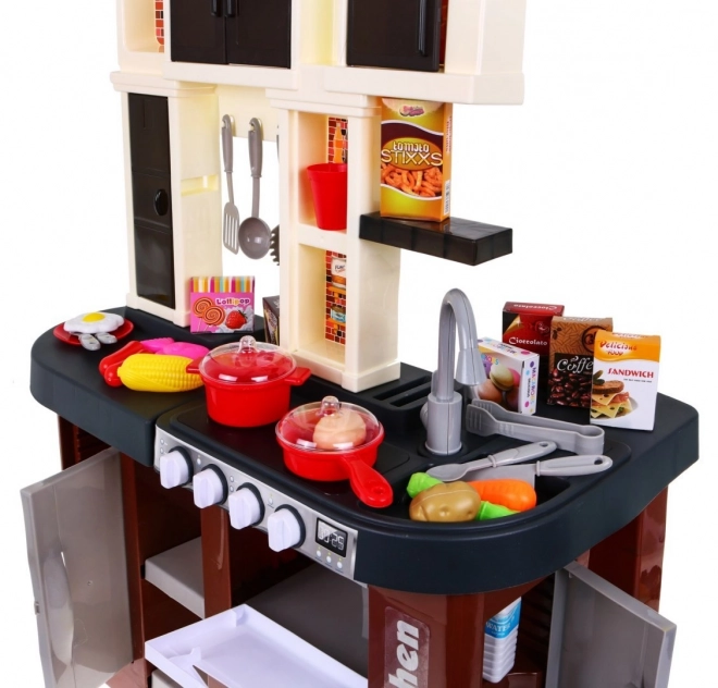 Cuisine interactive marron + brûleurs avec son et lumière + robinet + accessoires - 58 pièces
