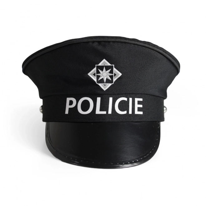 Ensemble de police tissu/plastique casquette, bâton, sifflet sur carte 30x48x8cm