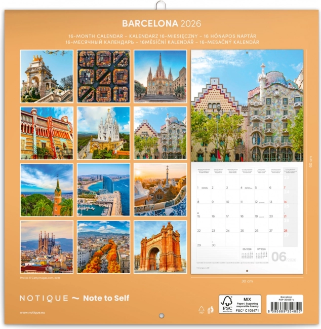 Calendrier mural Barcelone 2026, 30 x 30 cm
