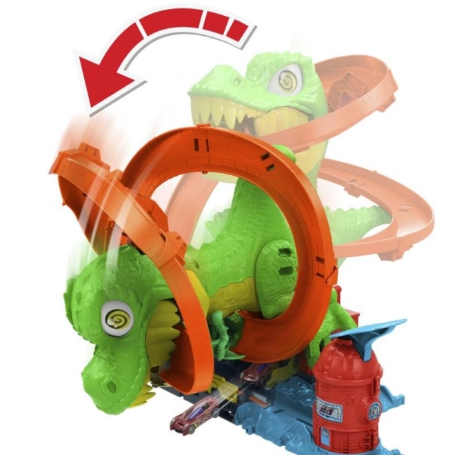 T-rex attaque la caserne des pompiers de Hot Wheels city