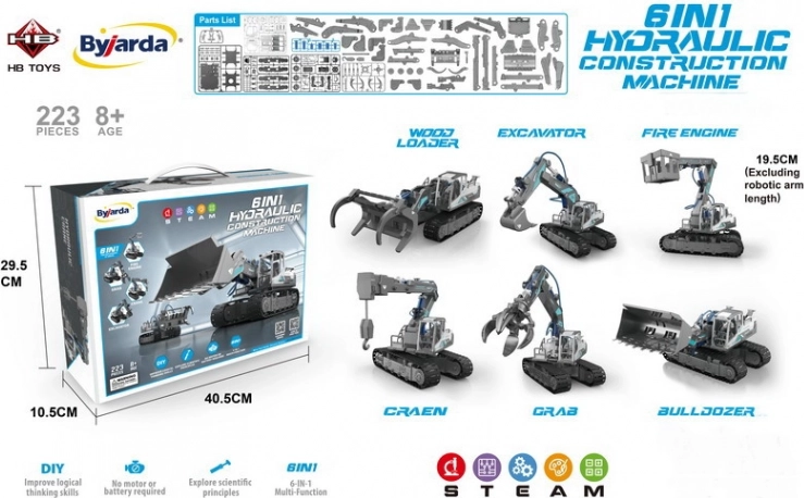 Kit de construction de machines 6-en-1 à entraînement hydraulique à eau, 223 pièces, pour enfants 8+