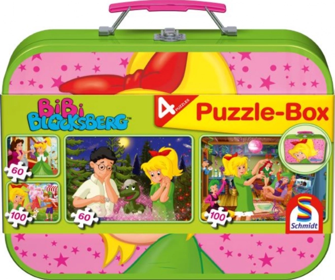 Puzzle Petite sorcière Bibi 4-en-1 dans une valisette en métal (60, 60, 100, 100 pièces) SCHMIDT