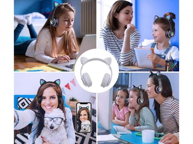 Casque sans fil bluetooth radio fm mp3 oreilles de chat éclairage LED – Blanc