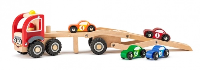 Camion en bois avec 4 petites voitures de course