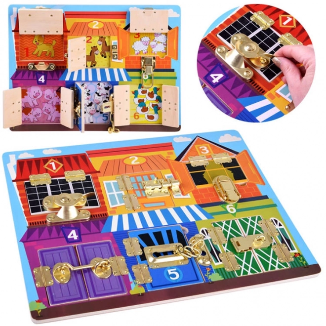 Tableau sensorimoteur avec serrures pour enfants