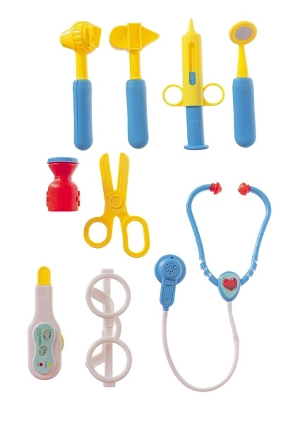 Ensemble de docteur avec stéthoscope dans une valise à roulettes