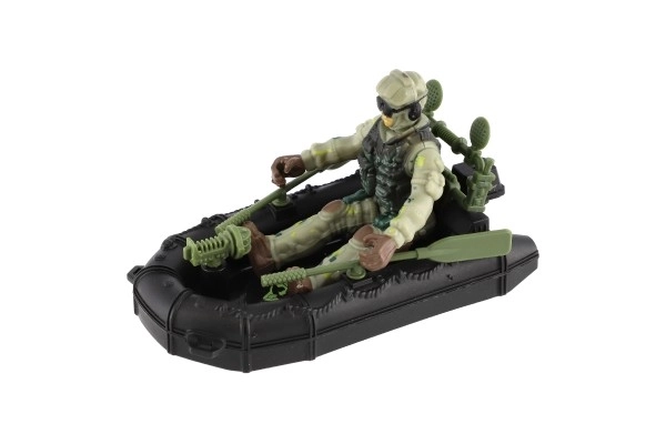 Ensemble militaire plastique bateau, soldat, chien avec accessoires dans boîte 23x14x4cm