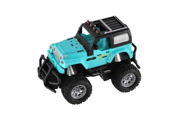 Voiture RC tout-terrain 14cm plastique 27MHz à piles avec lumière en boîte 20x11x10cm – Turquoise