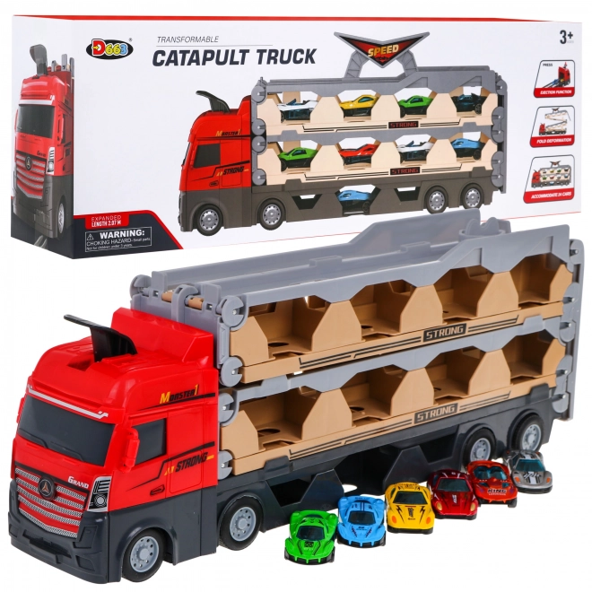 Camion avec piste déployable, petites voitures et lanceur 3 en 1