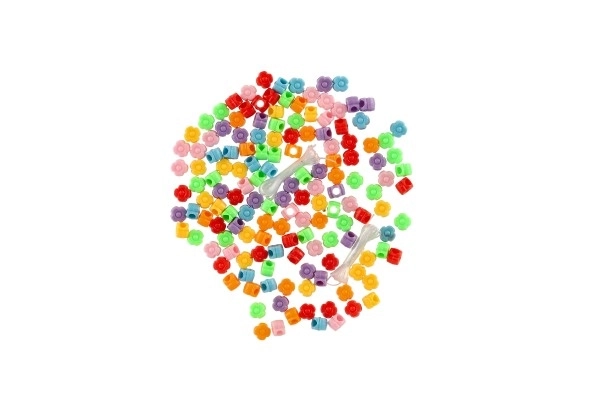 Perles avec ficelle en plastique mix de couleurs dans une boîte en plastique 3,5x12,5cm