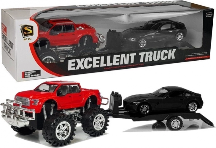 Set de véhicules camion monstre rouge avec remorque et BMW noir 58 cm