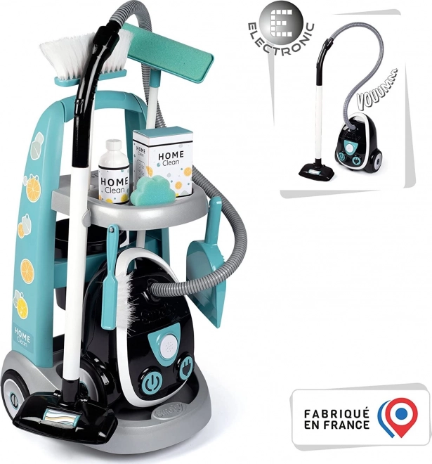 Chariot de nettoyage turquoise-blanc avec aspirateur pour petite femme de ménage