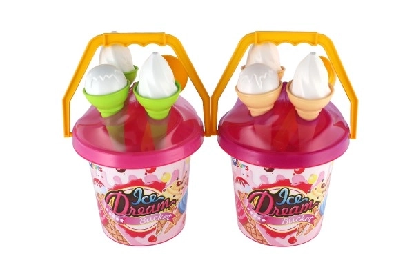 Ensemble de sable plastique seau + moules à glace 2 couleurs en filet 18x28x17cm 12m+