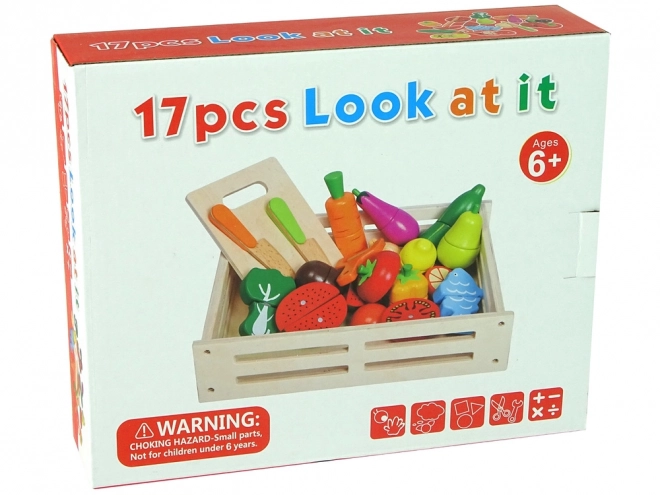Fruits et légumes en bois dans une boîte à aimants
