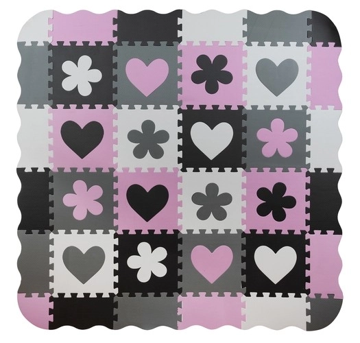 Puzzle en mousse rose contrastée avec cœurs et fleurs