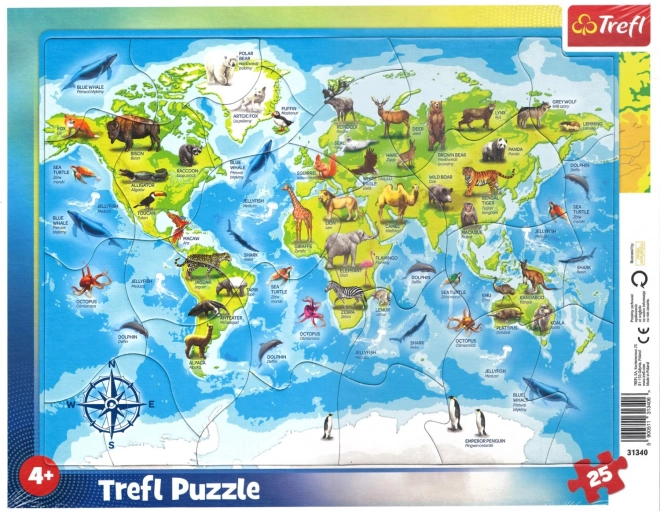 TREFL Puzzle Carte du monde avec animaux 25 pièces