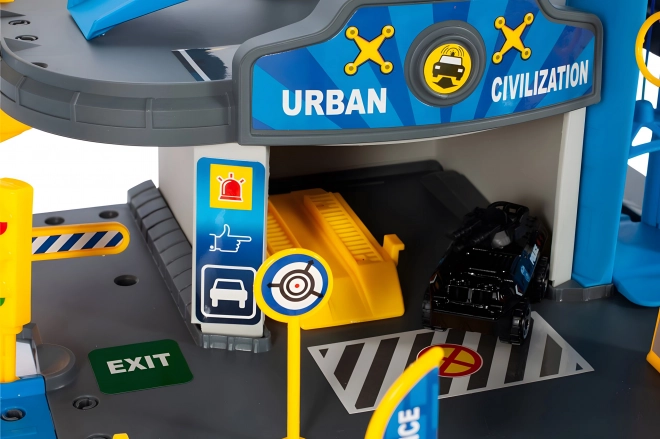Garage station de police, 3 niveaux avec ascenseur, voitures + hélicoptère, 74 pièces