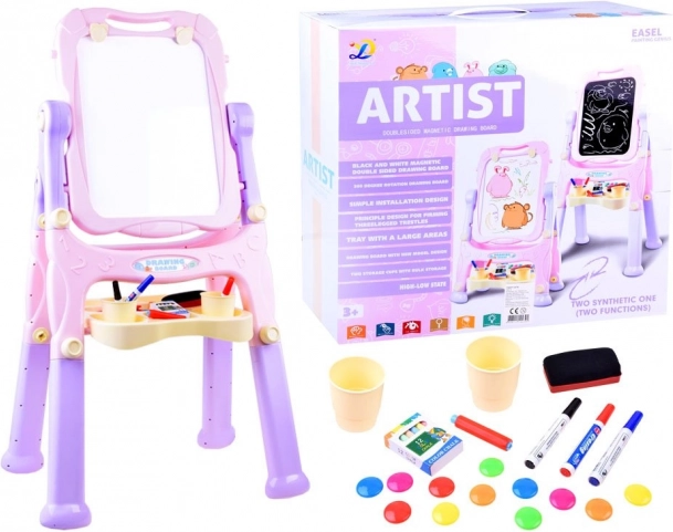 Chevalet pour enfants double face magnétique et à craie – Rose