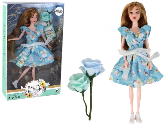 Emily Poupée Bébé Printemps Cheveux Longs Robe Fleur Bleue