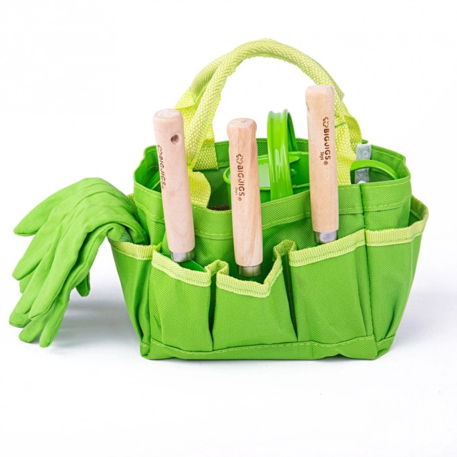 Bigjigs Toys Ensemble d'outils de jardinage dans un sac en toile vert