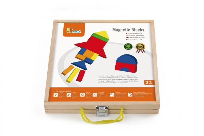Jeu de construction magnétique en bois dans une mallette