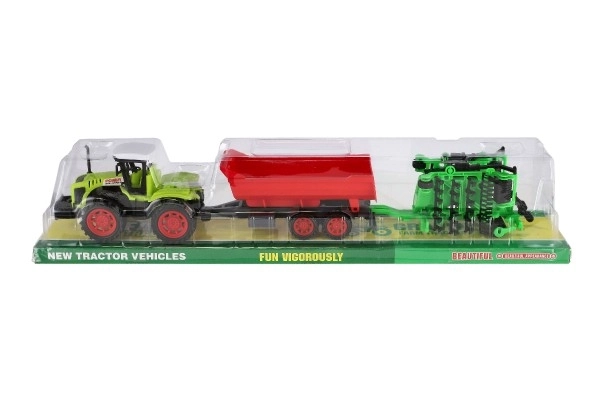 Tracteur avec remorque et herses