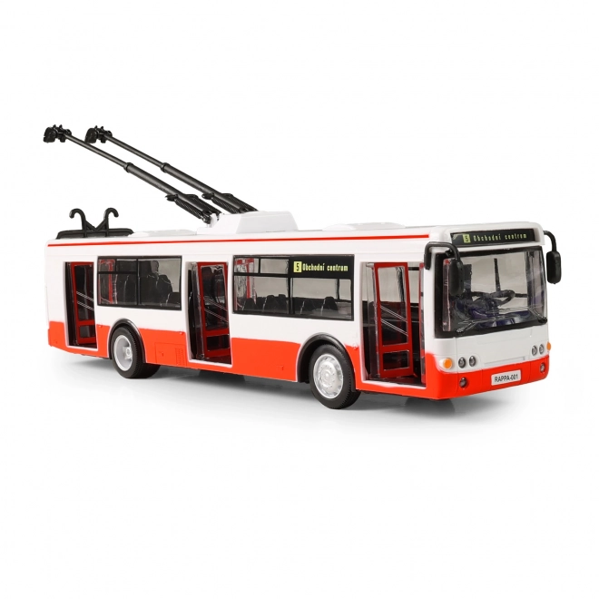 Trolleybus parlant tchèque en plastique 29cm rouge marche libre sur bat. avec lumière et son en boîte 33x11x10cm