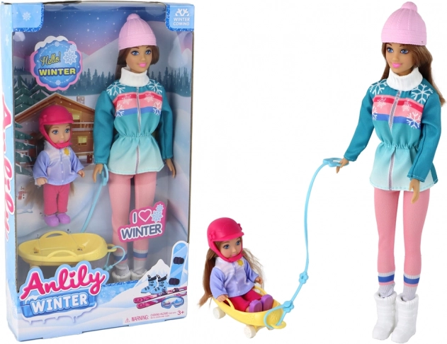 ANLILY maman et fille en luge – set hivernal de poupées avec luge