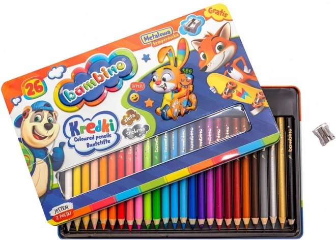 BAMBINO Crayons de couleur en cadre en bois, boîte métallique